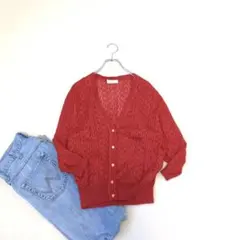 【SURE LADY/レナウン】深Vネックリネン総レース長袖カーディガン　日本製のサムネイル