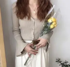 【新品未使用】 レディース Vネック リブニットカーディガン ベージュ 無地