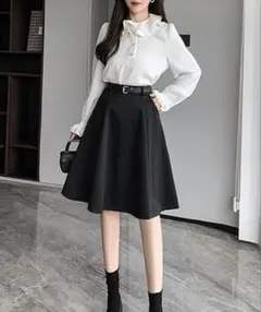 【Pittok】膝丈タックフレアスカート L