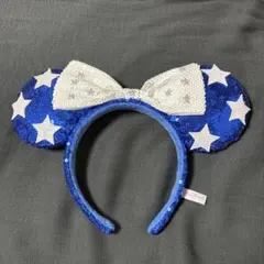 【限定・美品】ディズニー ミニー カチューシャ 青 星柄 スパンコール 白リボン