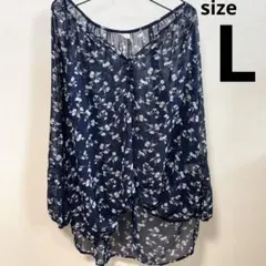 美品透け感ネイビー花柄シフォンブラウス 【L】大きめ　ゆったりサイズ　レース