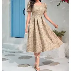 ジャガード柄ドレス フレアワンピース スクエアネック パフスリーブ シーイン