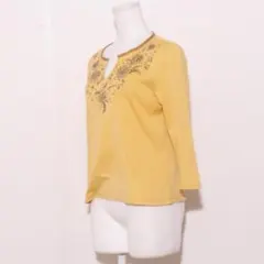 【訳アリ】クリスチャンオジャールイエロー 花柄刺繍 スリットネック 七分袖