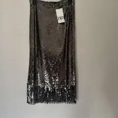 ZARA シルバー スパンコール フリンジスカート M