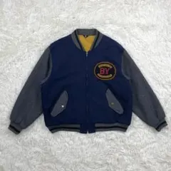 80-90s☆ウール スタジャン ネイビー×グレー 9号