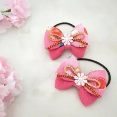 キッズベビーヘアゴム　和風和柄ちりめん　布リボン　ピンク花柄　2個セット　七五三
