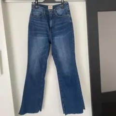 ダークブルー ブーツカットデニム フリンジ裾