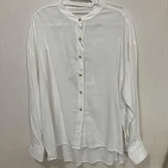 TYPY BASIC バンドカラーオフホワイト長袖シャツ麻55% レーヨン45%