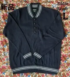 【EddieBauer】新品・L・ネイビー ボタン付きヘンリーネックセーター