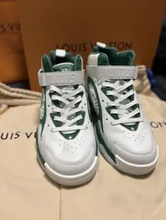 ヴィトン LVトレイナー2ライン スニーカー 6 1/2 グリーン×ホワイト右足