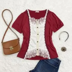 美品【アクシーズファム】レース切替半袖カットソー トップス フェミニン M バラ