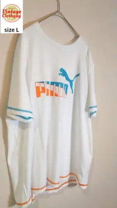 PUMA ブルーオレンジロゴ Tシャツ L 白
