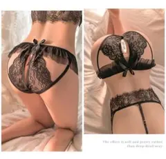7162BK 黒レース×フリルTバック風リボン開放ヒップ魅せセクシーショーツ