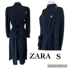 ZARA ザラ 黒 金ボタン プリーツ切替 ロングワンピース S ブラック