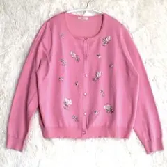 【極美品】ローズティアラビジュー刺繍カーディガン ピンク 46 大きいサイズ