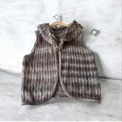 vintageレトロ古着マルチカラーカラフルフリンジ襟ニット編みベスト