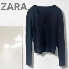 t1【ザラ】カットソー/美品 Vネック 長袖 黒 伸縮性 シンプル 着回し 柔