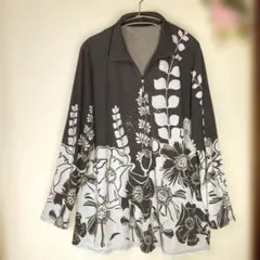 サラサラ ストレッチ素材 花柄 ストーン 長袖ブラウス モカグレー 大きい