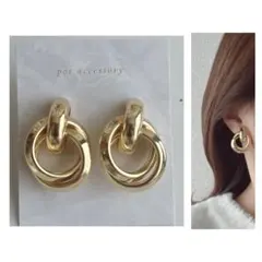 ゴールド　2連　メタル　イヤリング　シンプル　カジュアル　きれいめ　艶