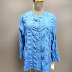【未使用:タグ付き】青い長袖ボタン付きシャツジャケットシワ加工