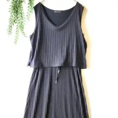 イング【M】リブ素材 Aライン Vネック ノースリーブ カットソー マキシ丈