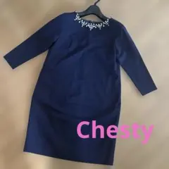 【値下げしました】Chesty ビジュー付きネイビーブルードレス⭐︎サイズ1