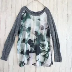 ZARA　花柄　長袖カットソー　グレー　Mシースルー風　異素材切替　デザイン