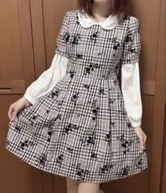 PRIME PATTERN 茶色 ピンク 薔薇 チェックミニワンピースのサムネイル