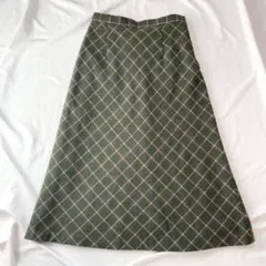 山*様 チェック柄 ウール混 ロングスカート グリーン系 Aライン