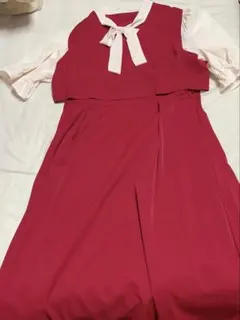 フレンチ風 重ね着風 ロングワンピ レトロ 上品 リボンタイ付