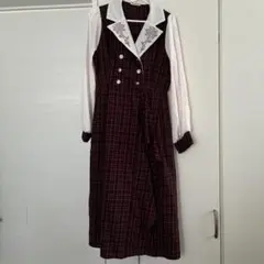 axes femme ワインレッドチェック柄ワンピース