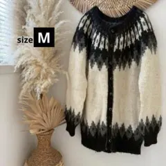 ノルディック柄クルーネックカーディガン・厚手・ロピセーター◇アイボリー・M相当