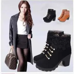 レディース　ショートブーツ　美脚　レース　刺繍　太ヒール