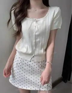 アイボリー 半袖ニット リブ編みのサムネイル
