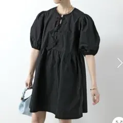 【未使用】GANNI パフスリーブ ワンピース リボン チュニック ブラックのサムネイル