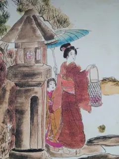 真作 肉筆 森春 吉祥人物図 掛軸 関羽風人物 母子図 家族繁栄 守護