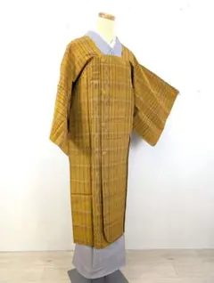 【ヴィンテージ】ロング道行コート 化繊 マルチチェック 身丈126 裄63 黄土