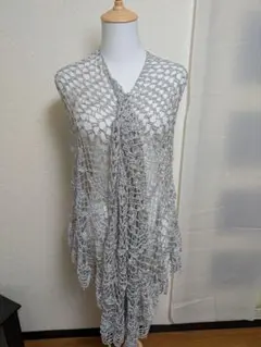 シルバー レース編み ショール フリンジ付き