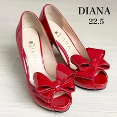 美品　ダイアナ オープントゥ　パンプス　エナメル　リボン　赤　22.5cm