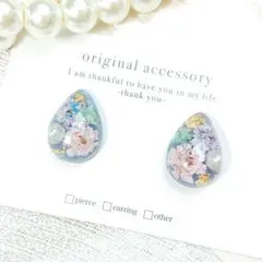 #4253/ハンドメイド♡押し花ドライフラワーレジンピアス ブルー