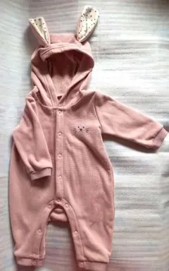うさぎの耳つき長袖ロンパース　ピンク