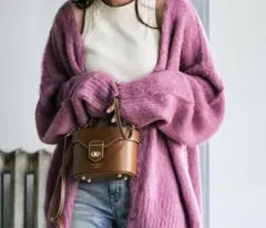 深Vネック　シャギー　ニット　カーディガン　2way ピンク