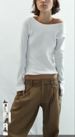 【試着のみ】ZARA リブボートネックTシャツ L