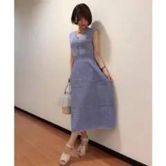 31 Sons de mode 透かし柄切り替えフレアニットワンピース ブルー