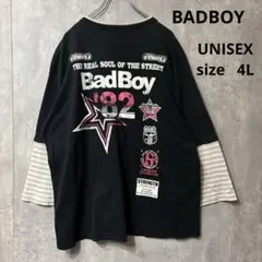 【希少4L】BADBOY 重ね着風 ロンT ビッグロゴ 袖ボーダー Y2K 黒のサムネイル