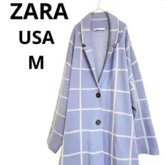 ザラ　ZARA チェック柄 ロングコート 2ボタン　薄手　水色オーバーサイズ