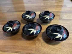 吸物椀 5客セット 会津塗 蒔絵 伊勢海老 笹 蓋付き お椀 漆器 縁起物のサムネイル