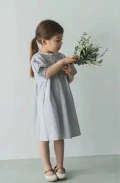 リジェール　衿レースバイカラーパフスリーブワンピース　ライトグレー　90cm