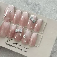 フレンチガーリー　ネイルチップ　オーダー　ピンク　リボン　キラキラ　マグネット