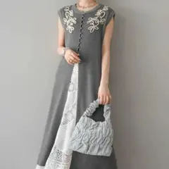 アウトレット品 フロントスリットコード刺繍ニットワンピース グレー